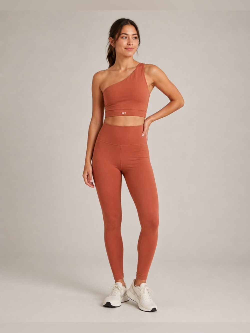 SET Active Matching Set - One Shoulder Sports Bra + Leggings in Rust, Size M